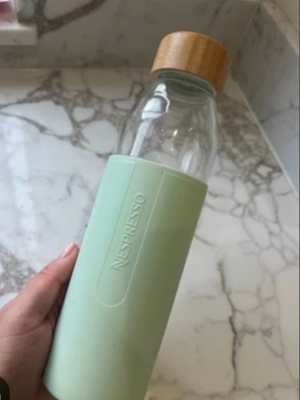 Nespresso Glass Water Bottle 500ml Mint Green Silicone Sleeve